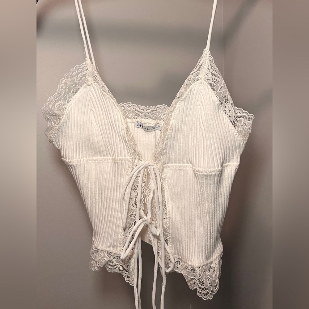 Zara Ivory Lace-Trimmed Ribbed Camisole